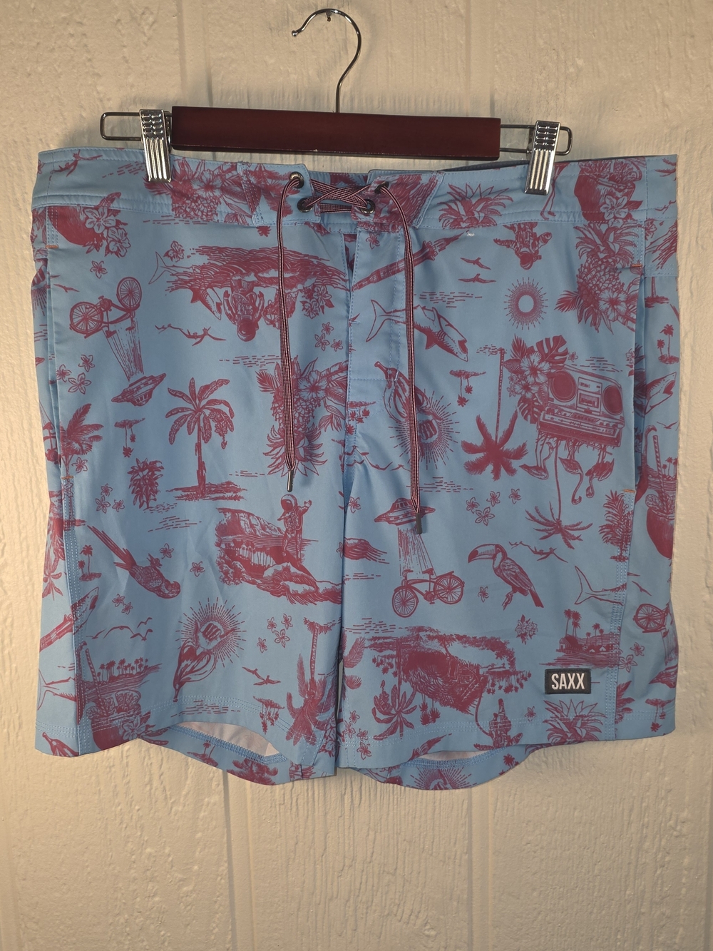 Men's Saxx Light Blue Swim Board Shorts with Pink Print, Size XL